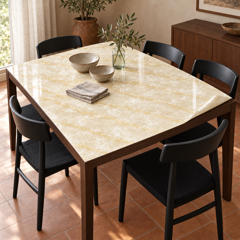 Pellicola Effetto Marmo Crema in PVC 2mm - angolo ripiegato su tavolo in legno