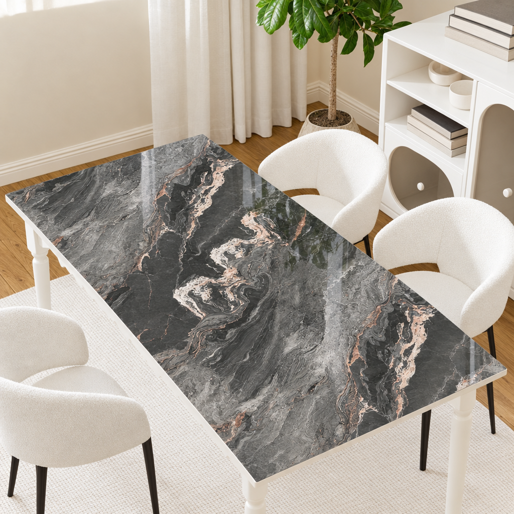 Pellicola Effetto Marmo Antracite in PVC 2mm - applicata sul tavolo