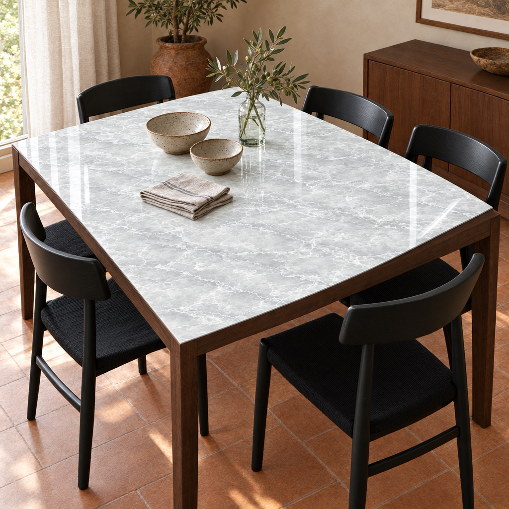 Pellicola Effetto Marmo Ghiaccio in PVC 2mm - angolo ripiegato su tavolo in legno