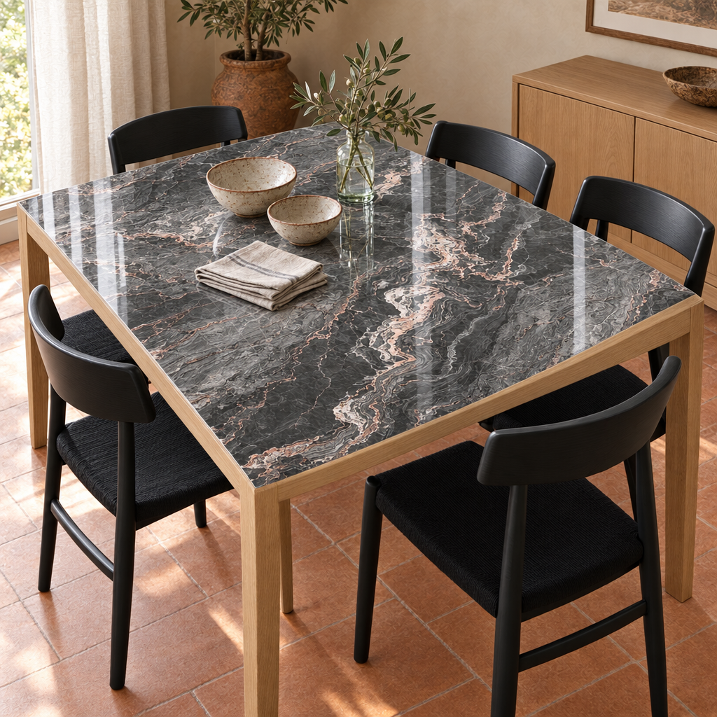 Pellicola Effetto Marmo Antracite in PVC 2mm - angolo ripiegato su tavolo in legno