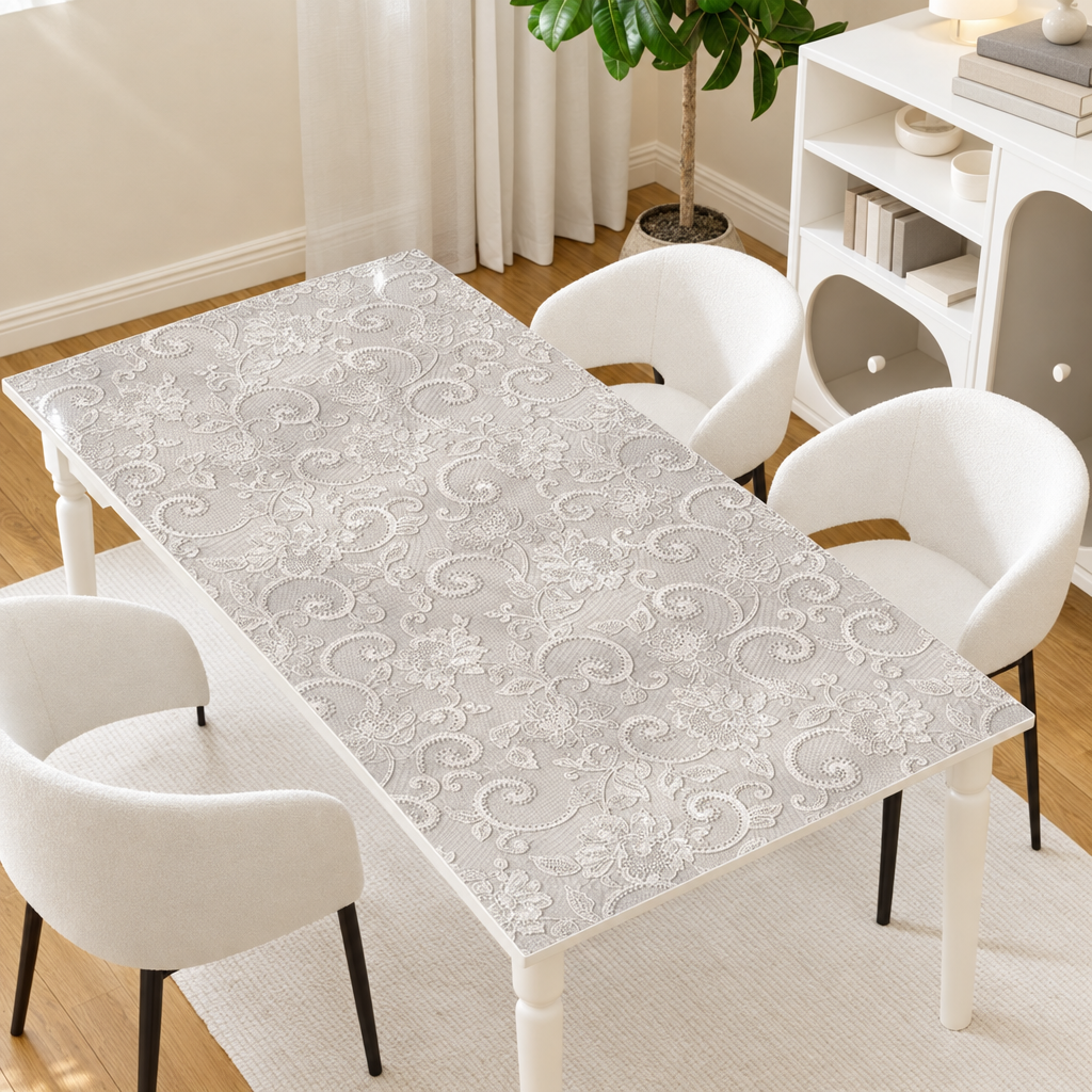 Pellicola Effetto Pizzo Bianco in PVC 2mm - applicata sul tavolo