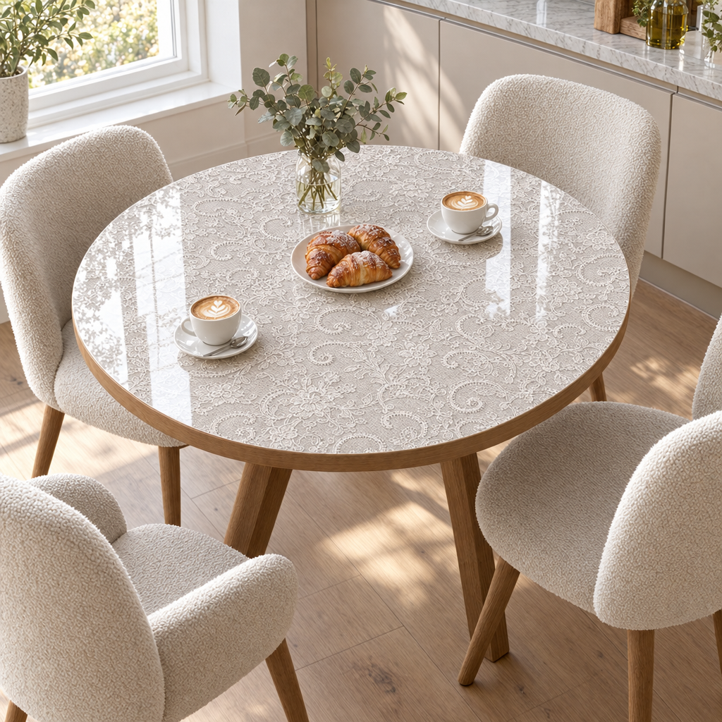 Pellicola Effetto Pizzo Bianco in PVC 2mm - su tavolo rotondo