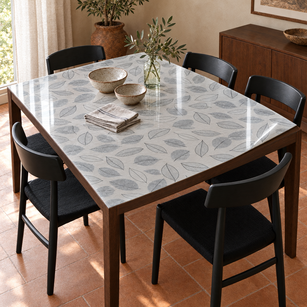 Pellicola Effetto Foglie trasparente in PVC 2mm - angolo ripiegato su tavolo in legno