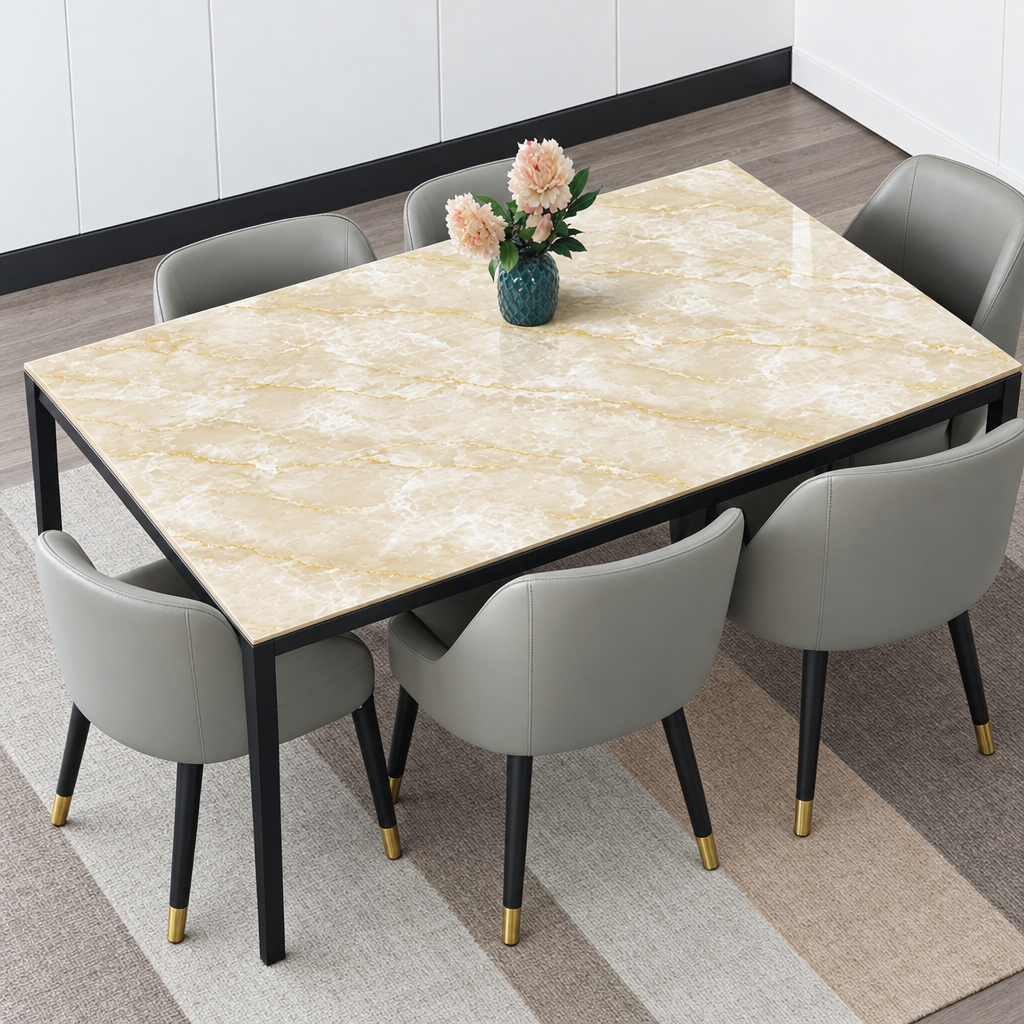 Pellicola Effetto Marmo Crema in PVC 2mm - applicata sul tavolo