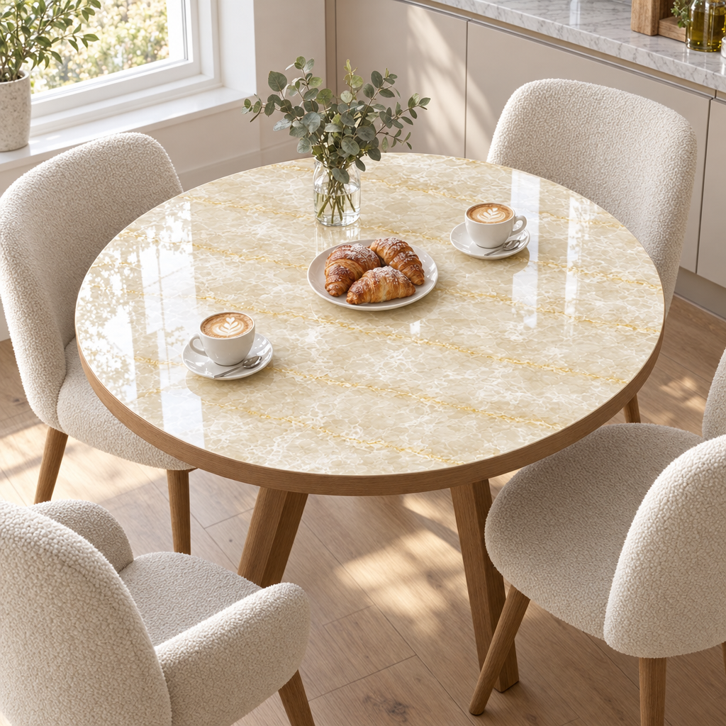 Pellicola Effetto Marmo Crema in PVC 2mm - su tavolo rotondo