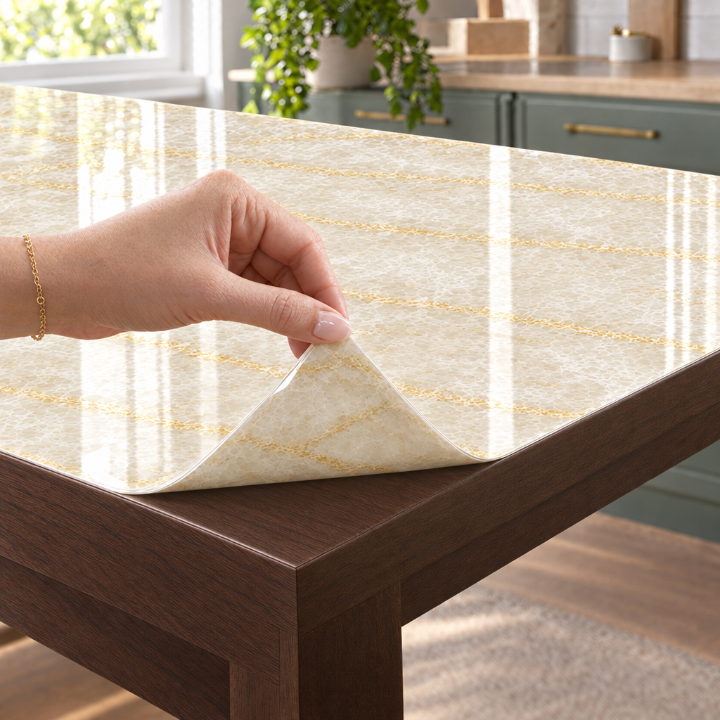 Pellicola Effetto Marmo Crema in PVC 2mm - mano che solleva l'angolo, spessore 2 mm
