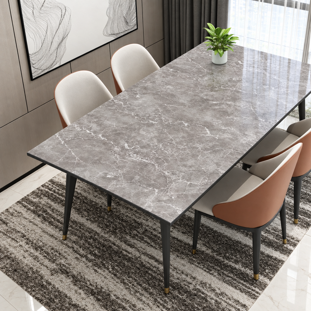 Pellicola Effetto Marmo Grigio Perla in PVC 2mm - applicata sul tavolo