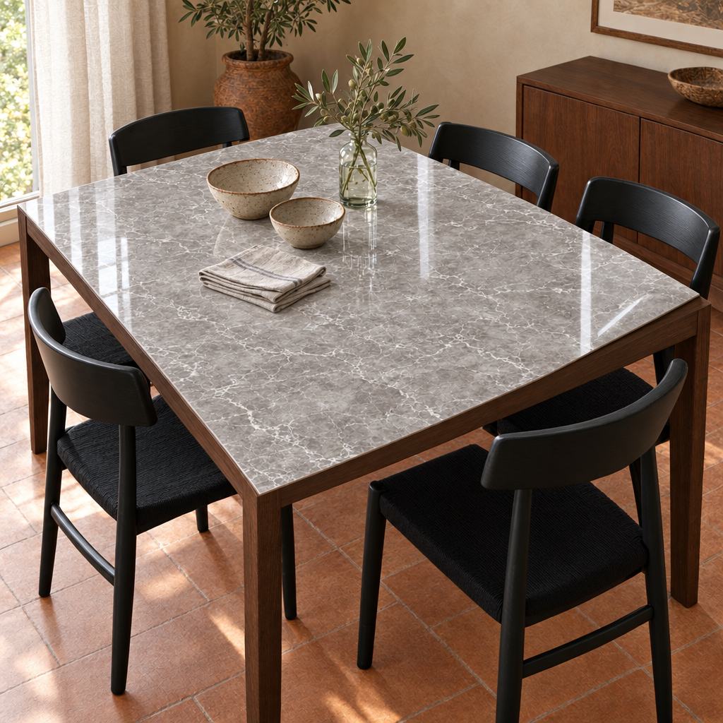 Pellicola Effetto Marmo Grigio Perla in PVC 2mm - angolo ripiegato su tavolo in legno
