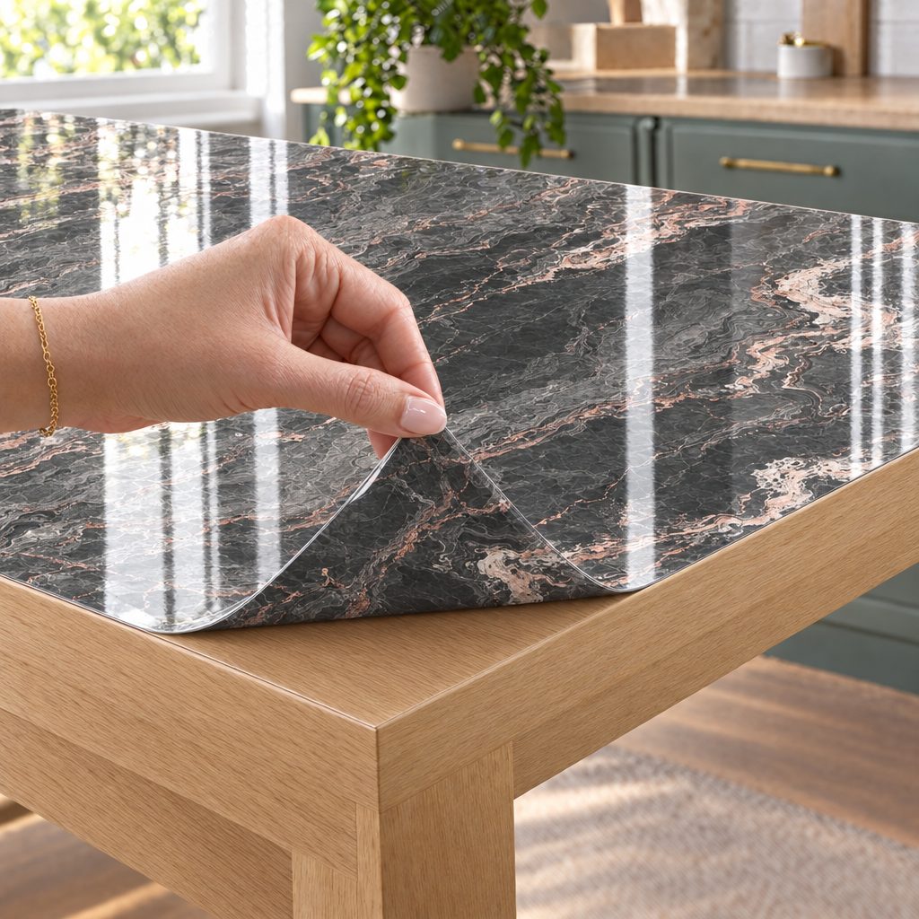 Pellicola Effetto Marmo Antracite in PVC 2mm - mano che solleva l'angolo, spessore 2 mm