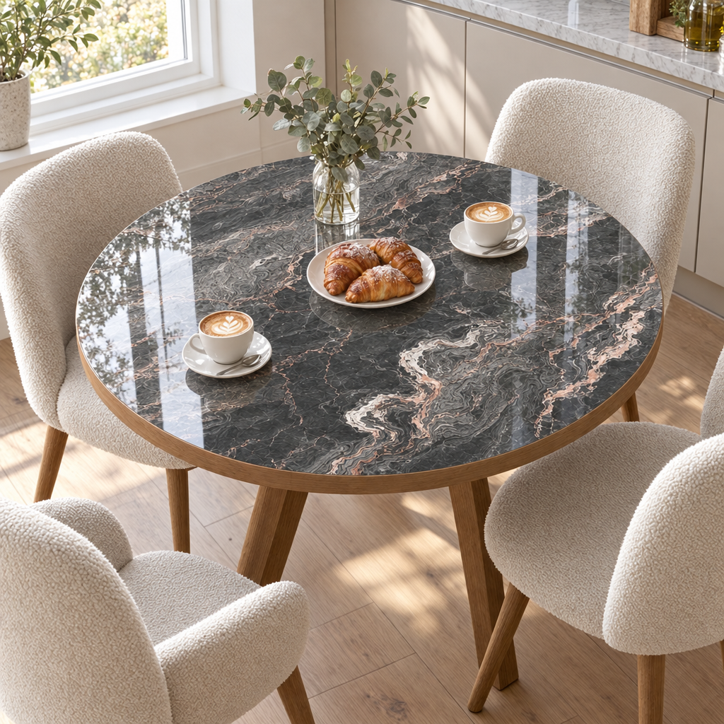 Pellicola Effetto Marmo Antracite in PVC 2mm - su tavolo rotondo