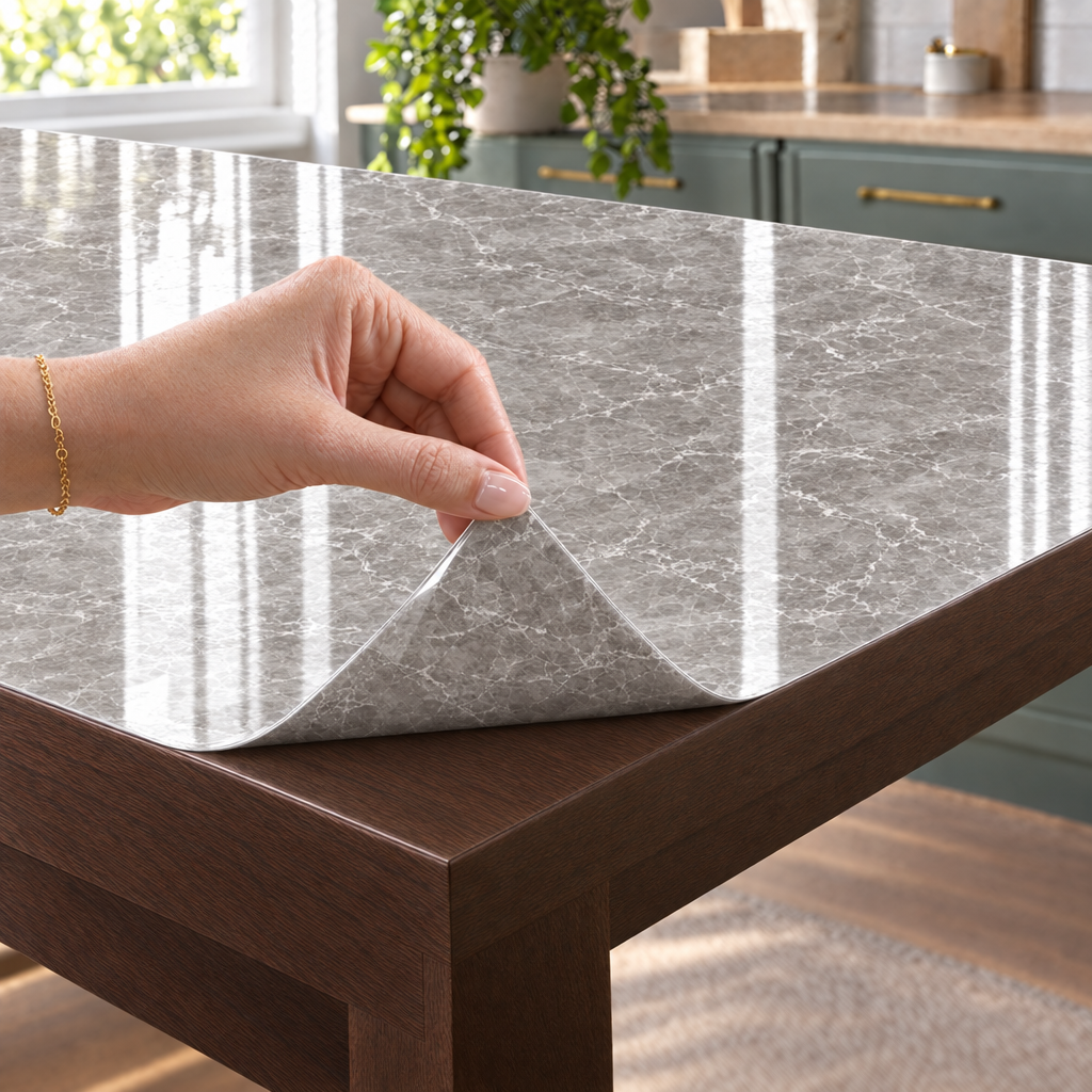 Pellicola Effetto Marmo Grigio Perla in PVC 2mm - mano che solleva l'angolo, spessore 2 mm