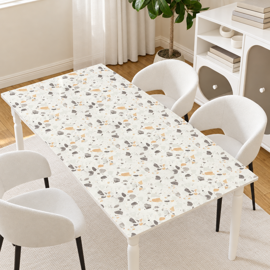 Pellicola Effetto Terrazzo Bianco in PVC 2mm - applicata sul tavolo