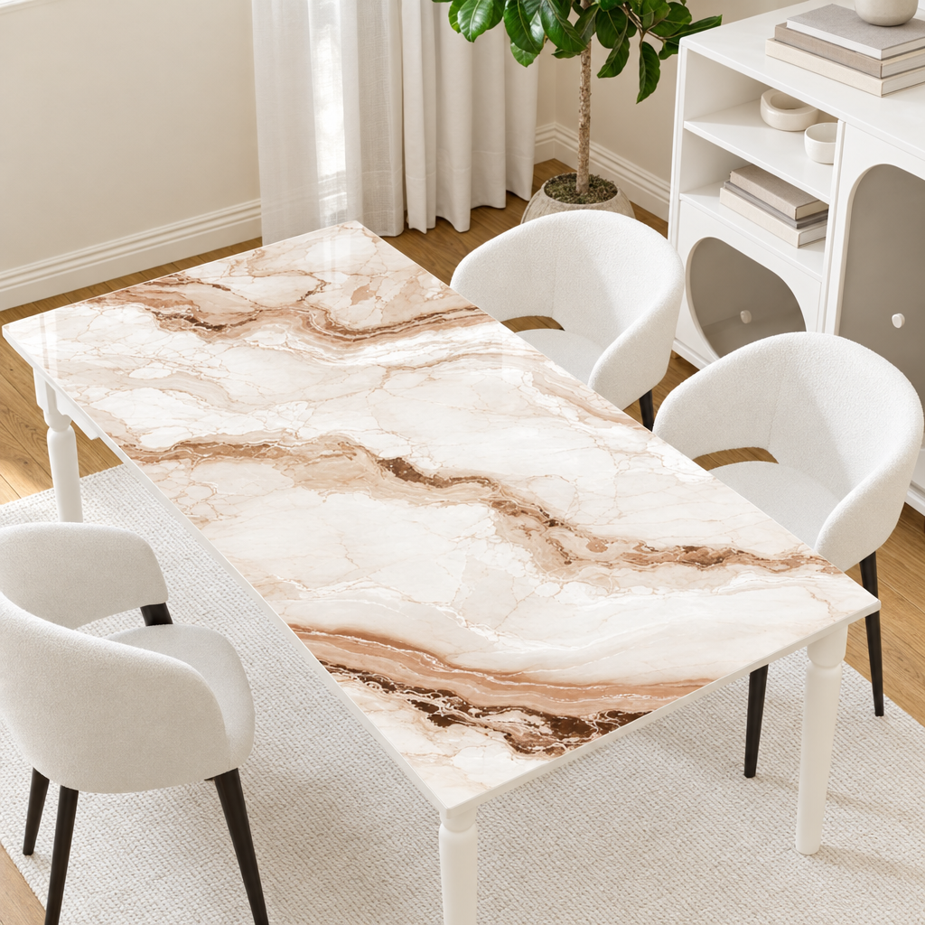 Pellicola Effetto Marmo Caramello in PVC 2mm - applicata sul tavolo