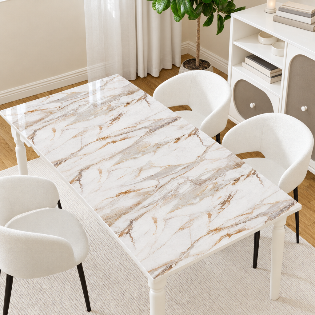Pellicola Effetto Marmo Bianco Oro in PVC 2mm - applicata sul tavolo