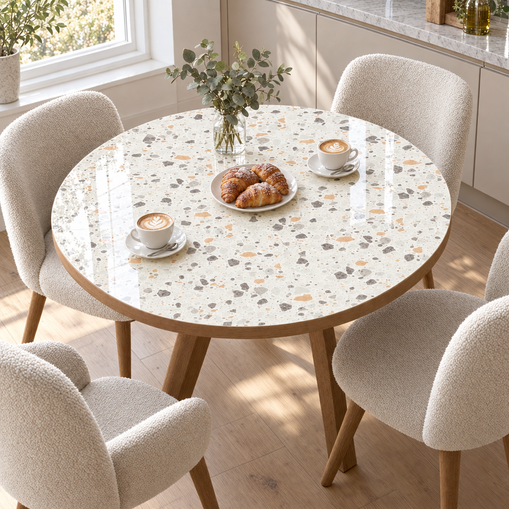 Pellicola Effetto Terrazzo Bianco in PVC 2mm - su tavolo rotondo