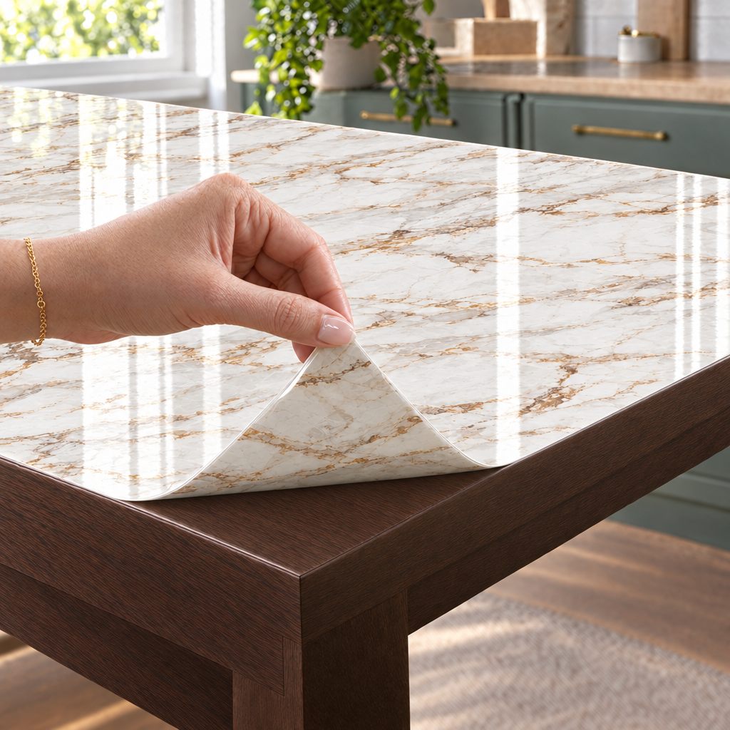 Pellicola Effetto Marmo Bianco Oro in PVC 2mm - mano che solleva l'angolo, spessore 2 mm