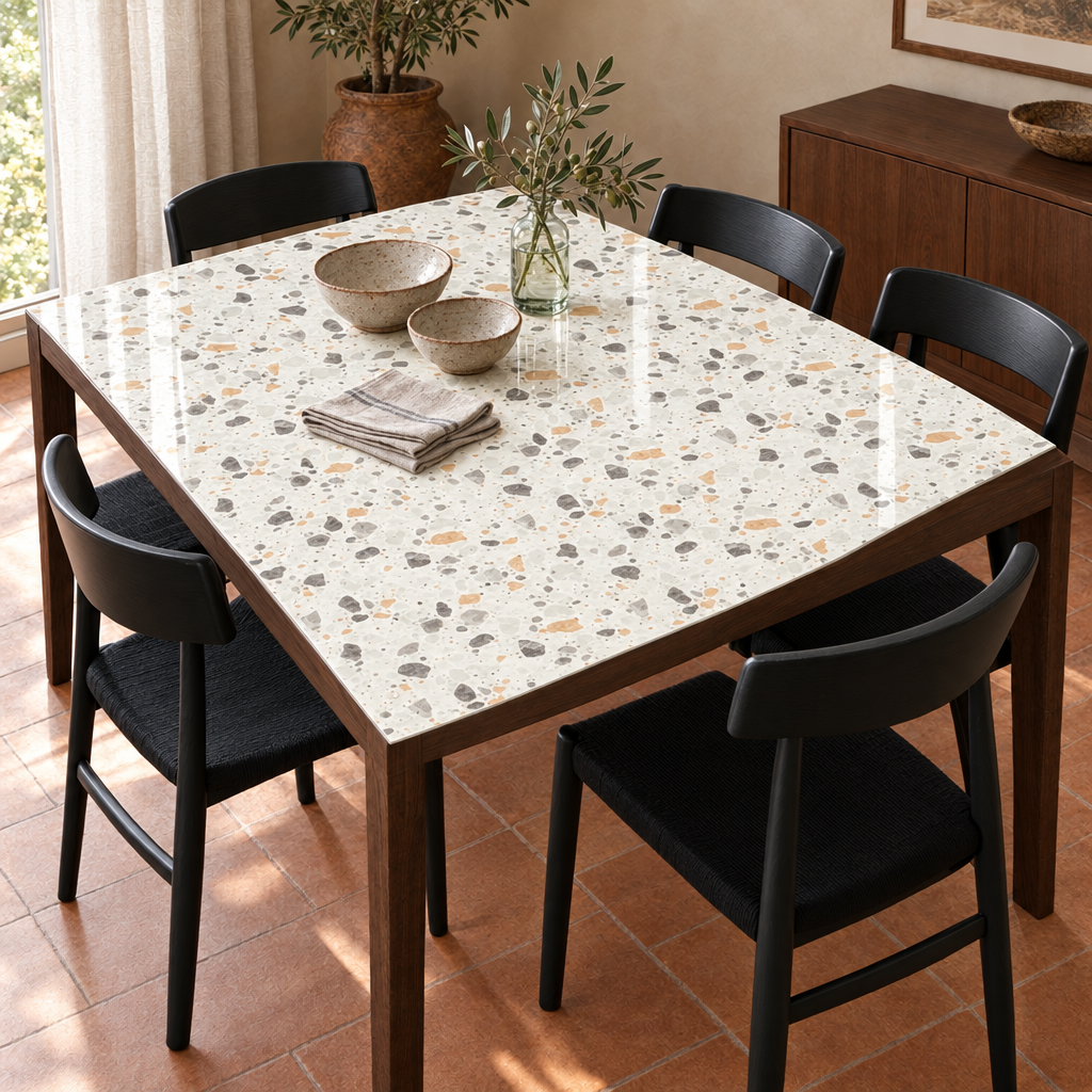 Pellicola Effetto Terrazzo Bianco in PVC 2mm - angolo ripiegato su tavolo in legno