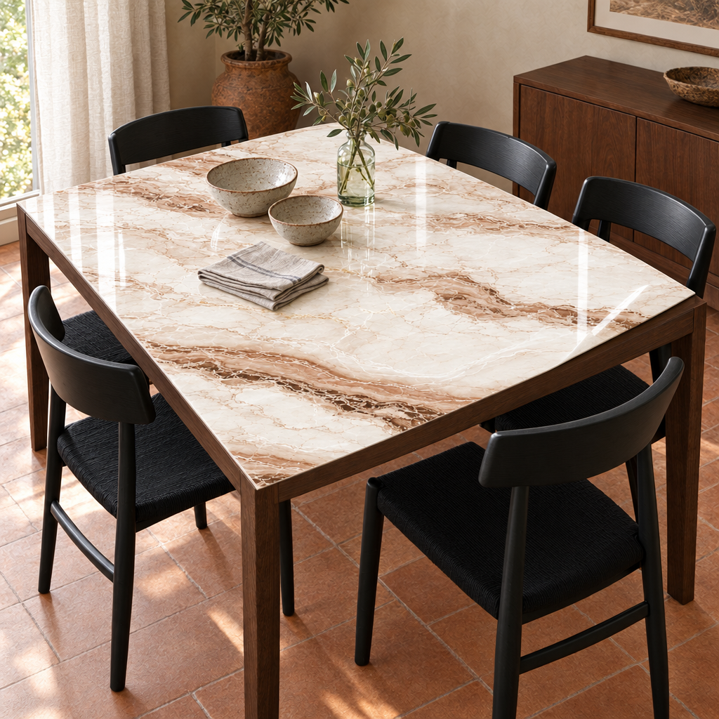 Pellicola Effetto Marmo Caramello in PVC 2mm - angolo ripiegato su tavolo in legno
