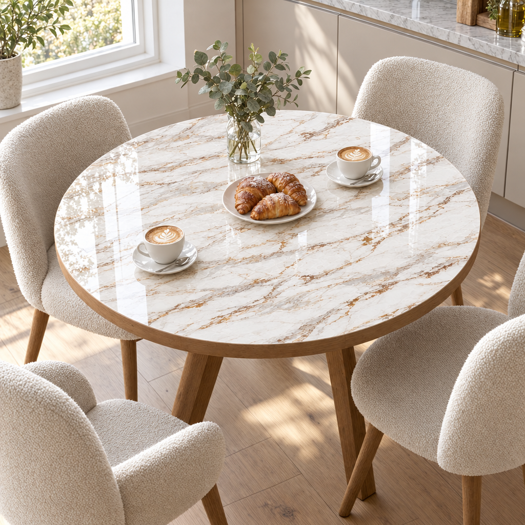 Pellicola Effetto Marmo Bianco Oro in PVC 2mm - su tavolo rotondo