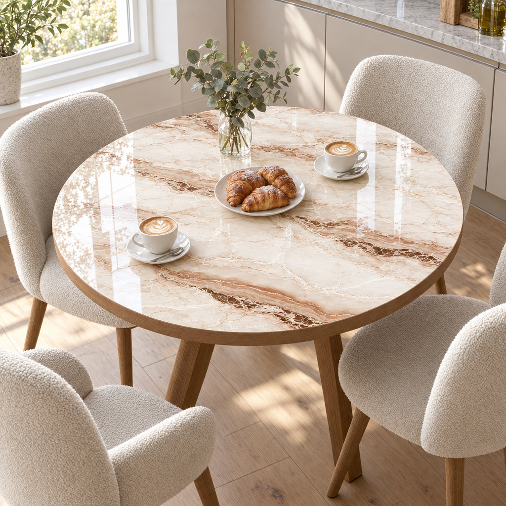Pellicola Effetto Marmo Caramello in PVC 2mm - su tavolo rotondo