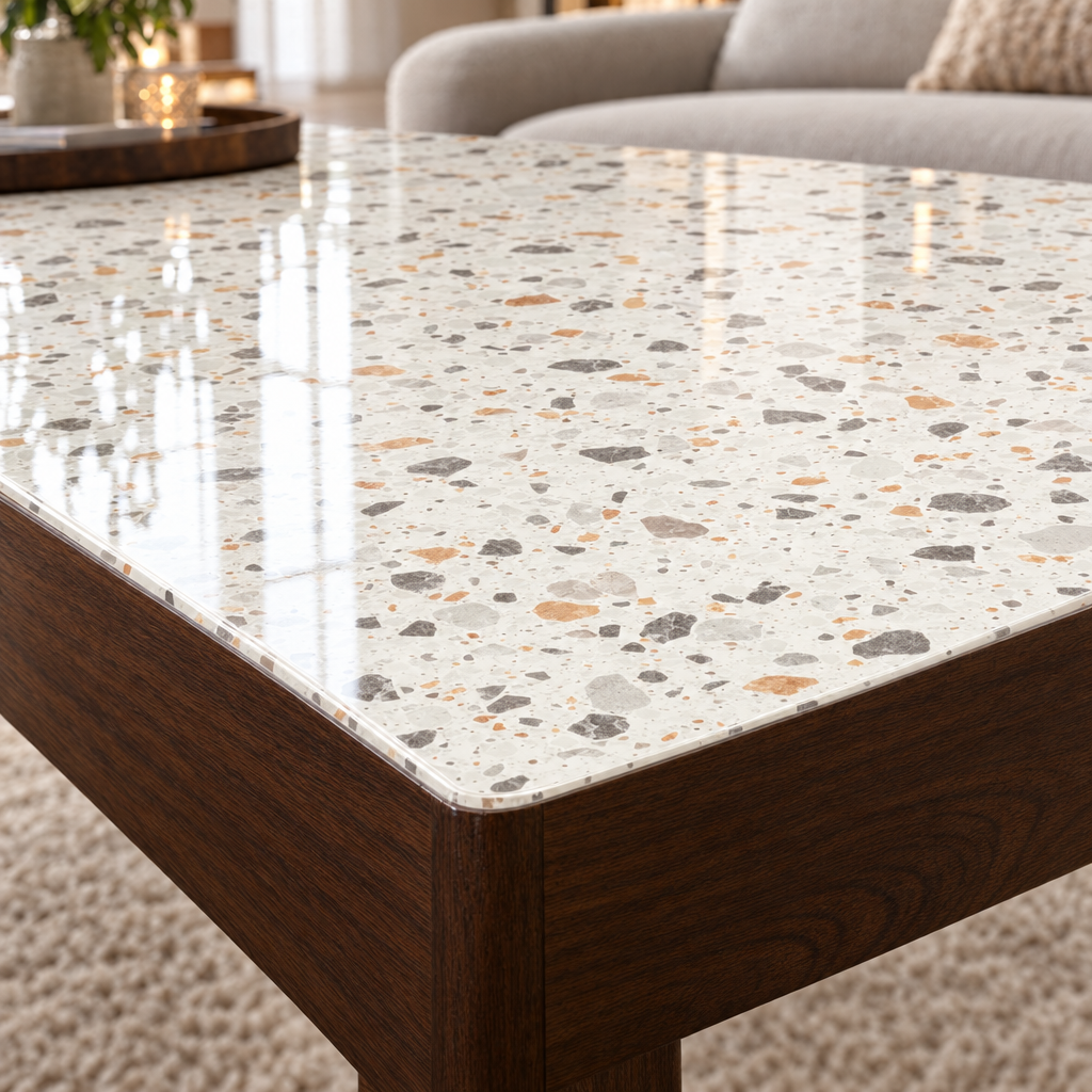 Pellicola Effetto Terrazzo Bianco in PVC 2mm - dettaglio bordo smussato