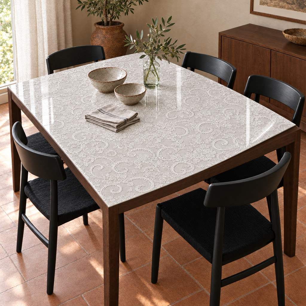 Pellicola Effetto Pizzo Bianco in PVC 2mm - angolo ripiegato su tavolo in legno