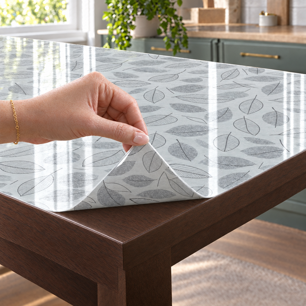 Pellicola Effetto Foglie trasparente in PVC 2mm - mano che solleva l'angolo, spessore 2 mm